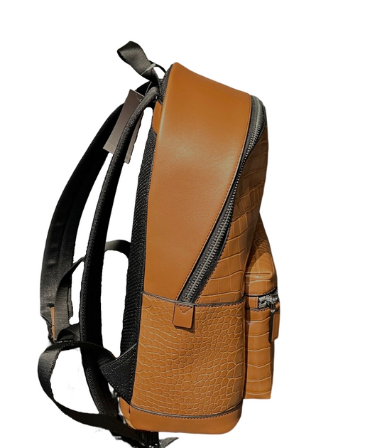 Michael Kors Neon Orange Men's Hudson Pebbled Leather And Logo Stripe  Backpack