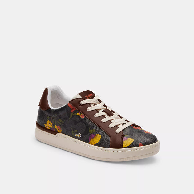 코치 COACH Outlet clip low top sneaker in signature canvas with floral print,dark saddle / Regular