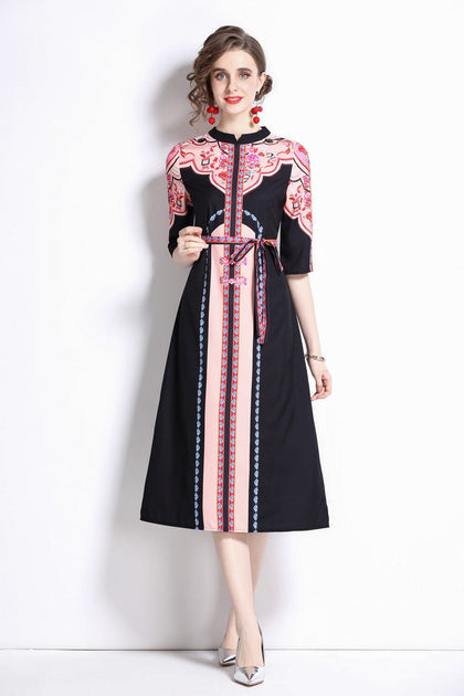 Kaimilan Black & Pink A-line Crewneck Elbow Sleeve Midi Printed Dress ...