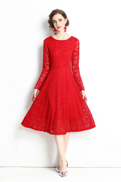Kaimilan Red Evening Lace A-line Boatneck Long Sleeve Midi Classic ...