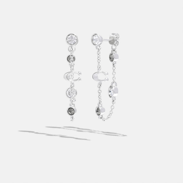코치 COACH Outlet signature crystal chain earrings,silver/black