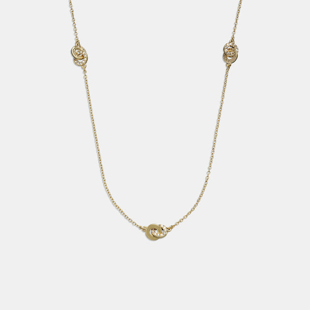 코치 COACH Outlet interlocking open circle pearl long station necklace,gold/pearl