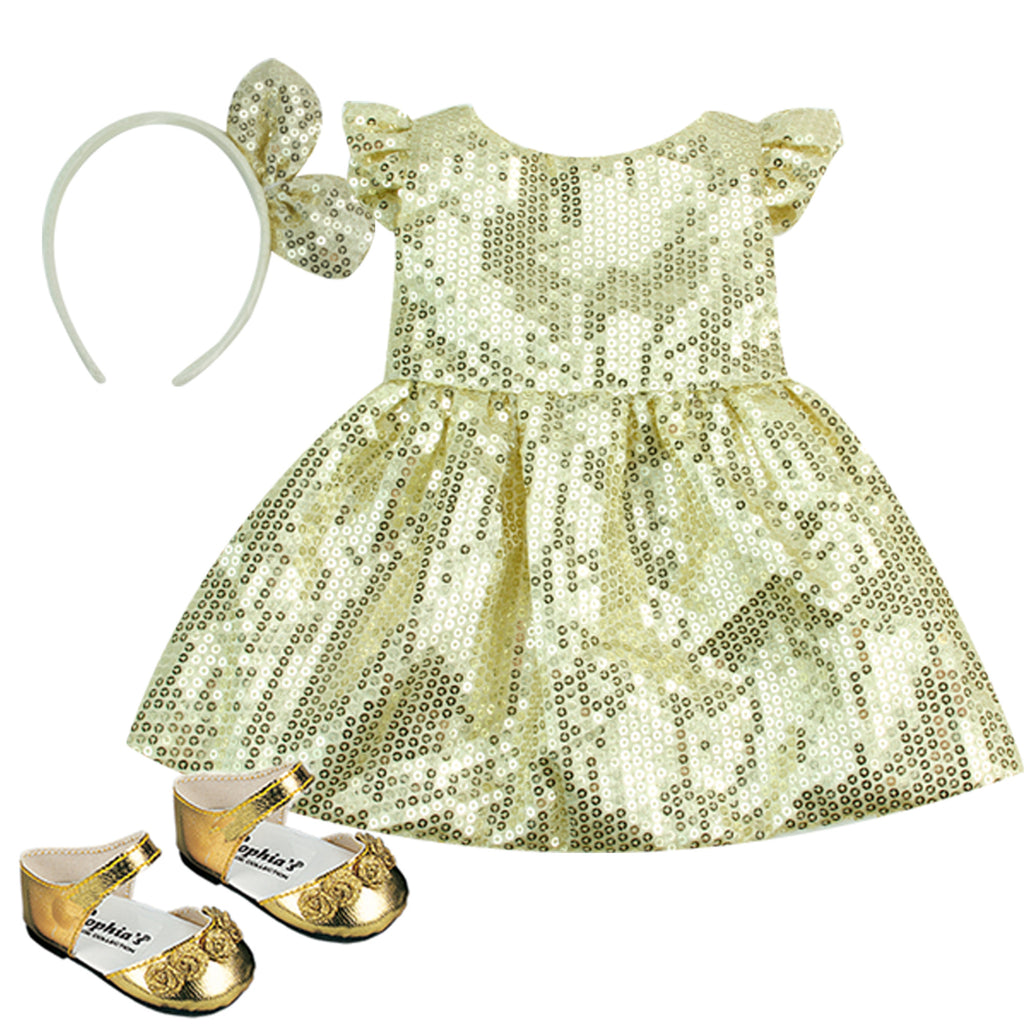 Teamson Sophia's Sequin Dress, Headband and Shoes for 18 Dolls, Gold