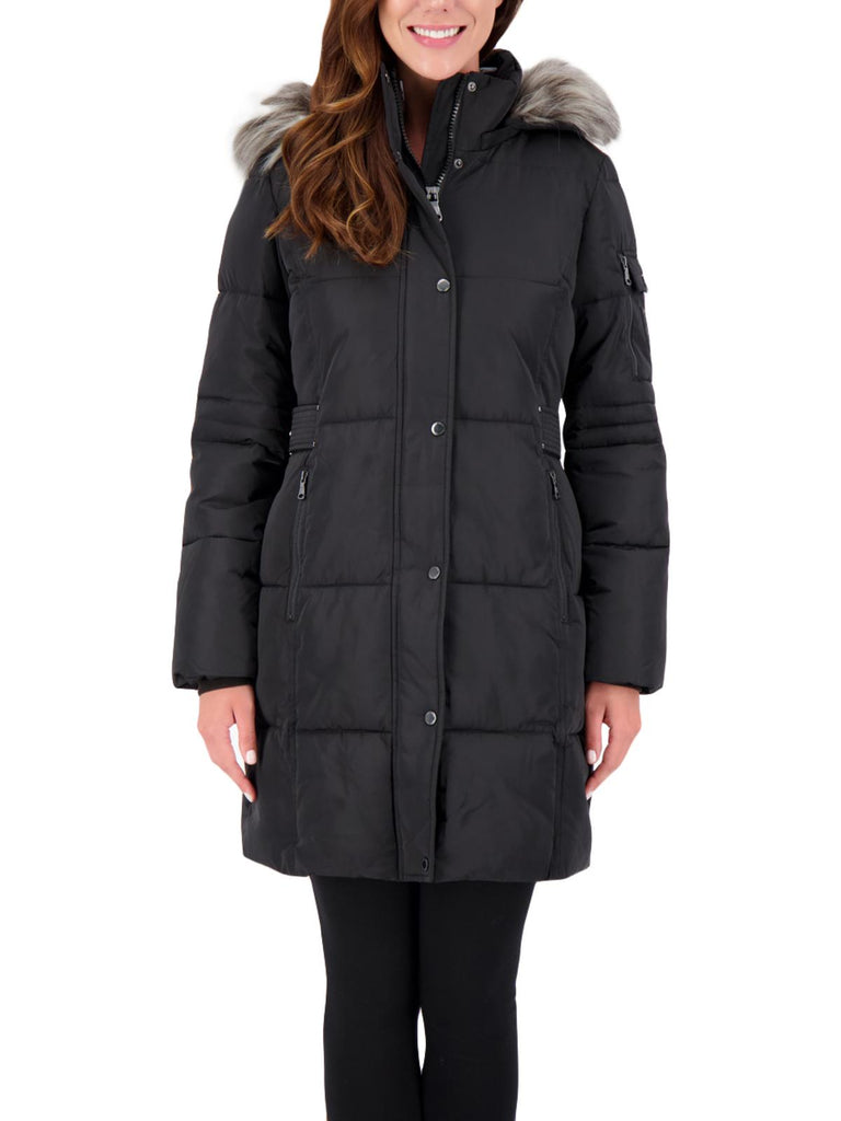 Vince Camuto Womens Faux Fur Lined Midi Puffer Jacket, Black