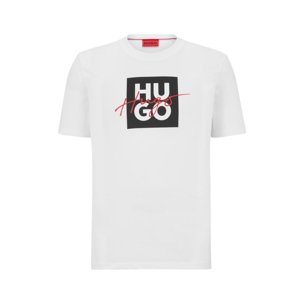 Hugo Men's Cotton-Jersey T-Shirt with Dalmatian-print Logo Artwork - White - Size Large