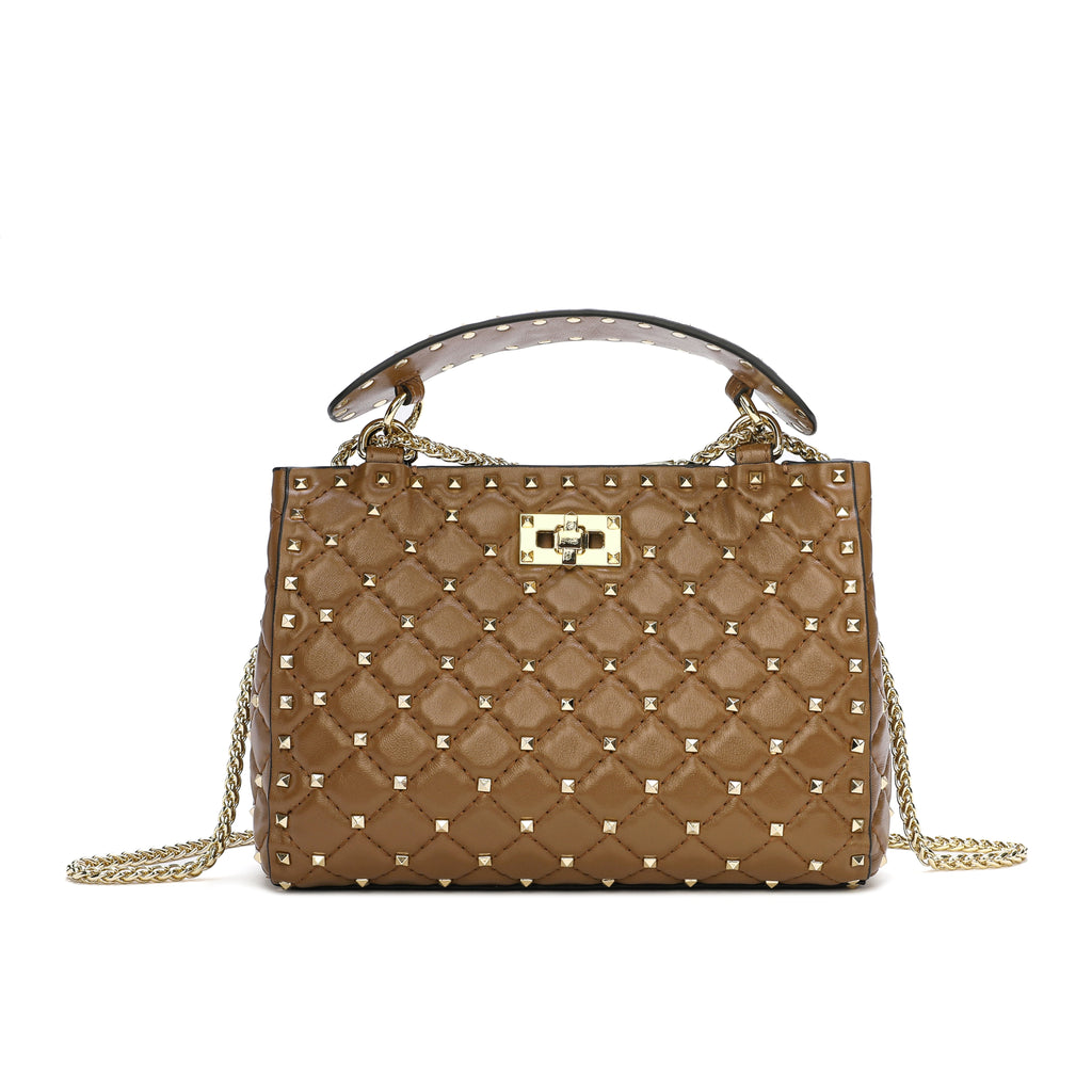 Tiffany & Fred Paris Tiffany & Fred Quilted & Studded Lambskin Leather Shoulder Bag - Brown