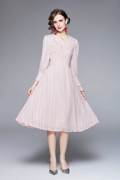 Kaimilan Pink Evening A-line Squareneck Long Sleeve Knee Buttoned Dress ...