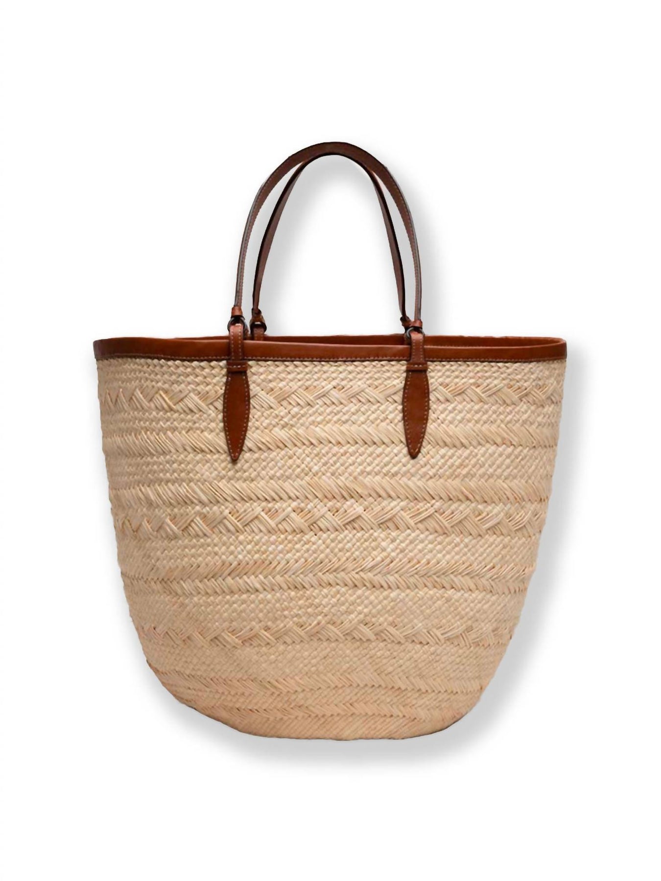 Hunting Season Iraca Medium Leather-trimmed Woven Raffia Tote in Natural