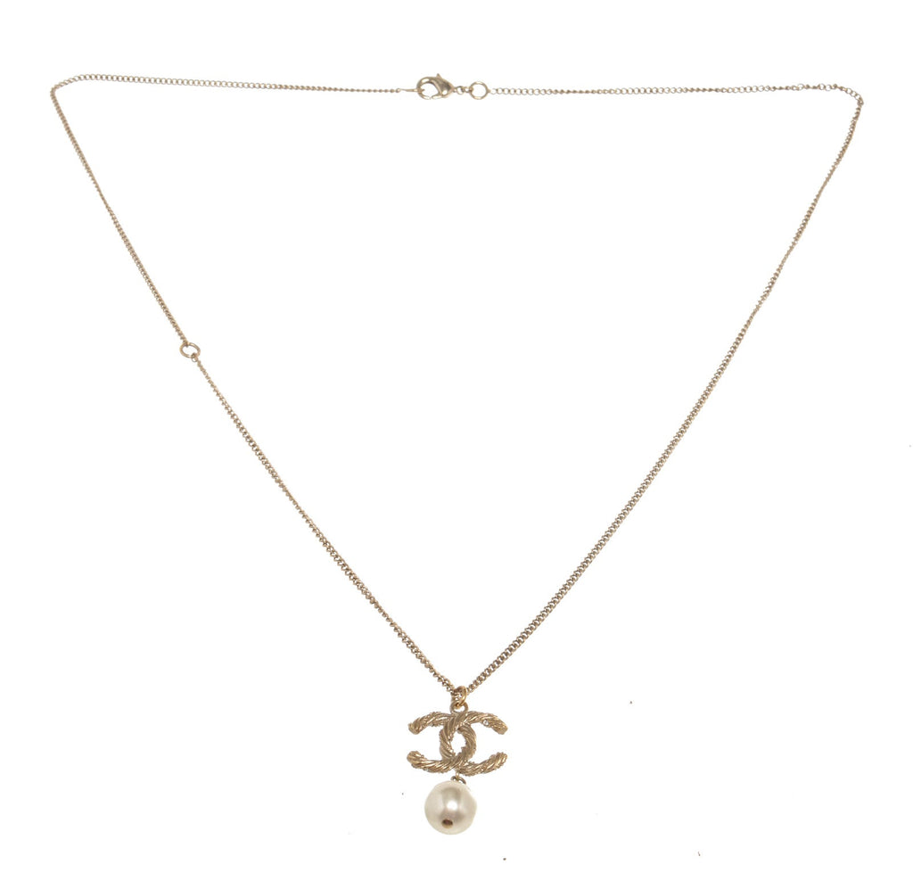 Chanel Cc Dangle Pearl Pendant Gold-tone Necklace