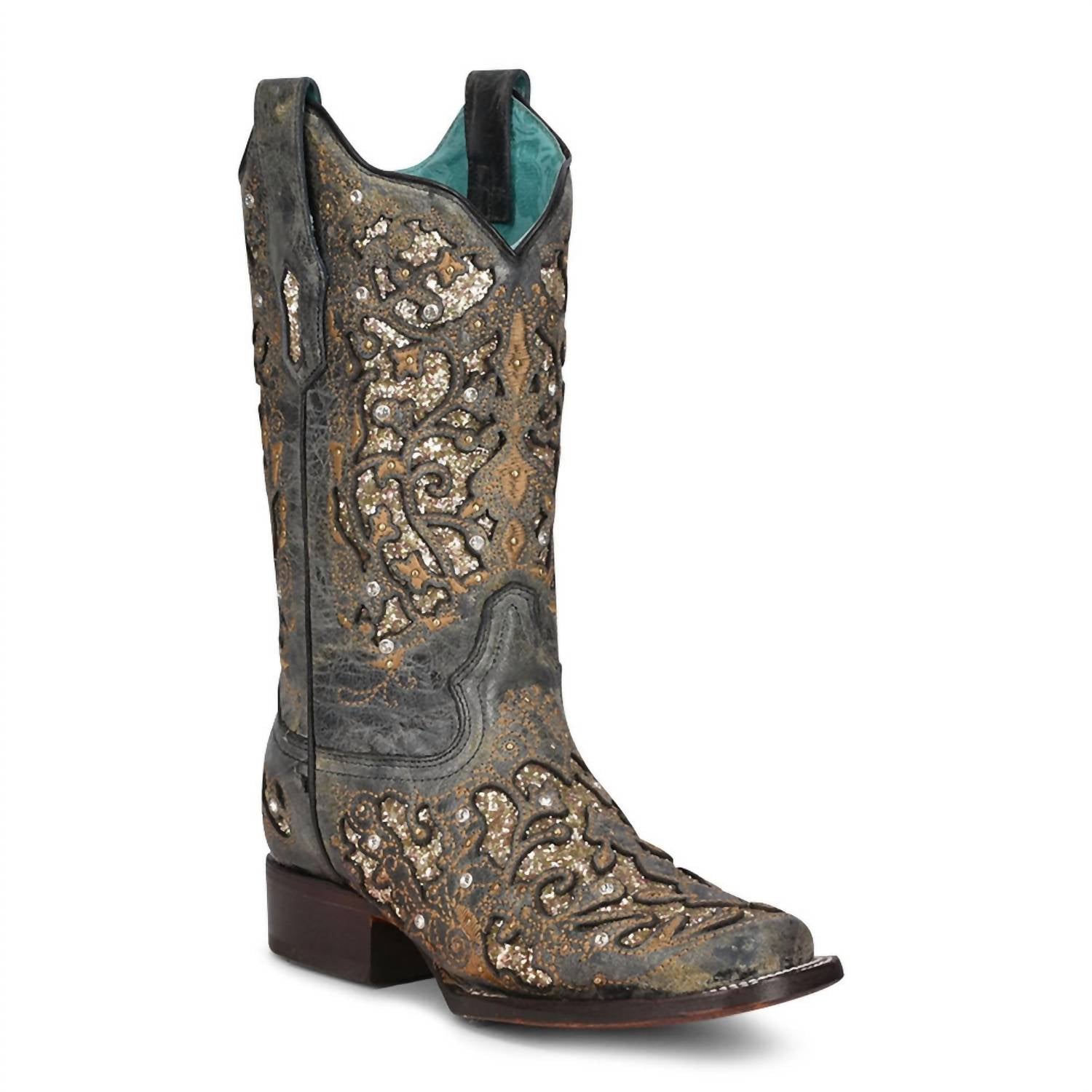 Corral Women's Glitter Inlay With Studs And Crystals Square Toe Western  Cowboy Boots In Black