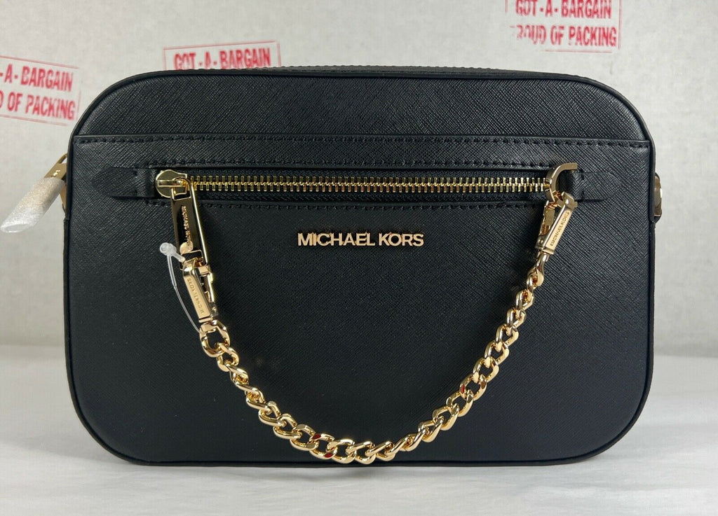 Michael Kors Women's Jet Set Large East West Saffiano Leather Crossbody Bag  Handbag (Black Solid/Gold Hardware)