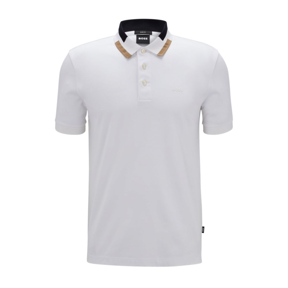 BOSS - Mercerised-cotton T-shirt with repeat-logo collar