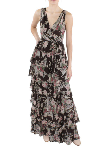 Lauren Ralph Lauren Womens Floral Tiered Evening Dress (Brown)