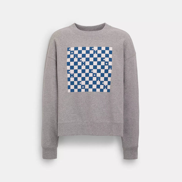 코치 COACH Outlet checkerboard crewneck sweatshirt,heather grey