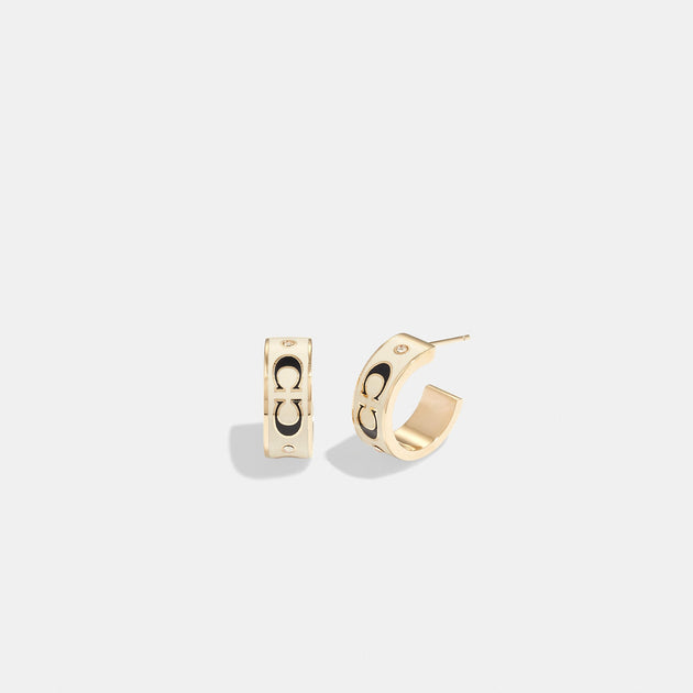 코치 COACH Outlet signature enamel huggie earrings,gold/black