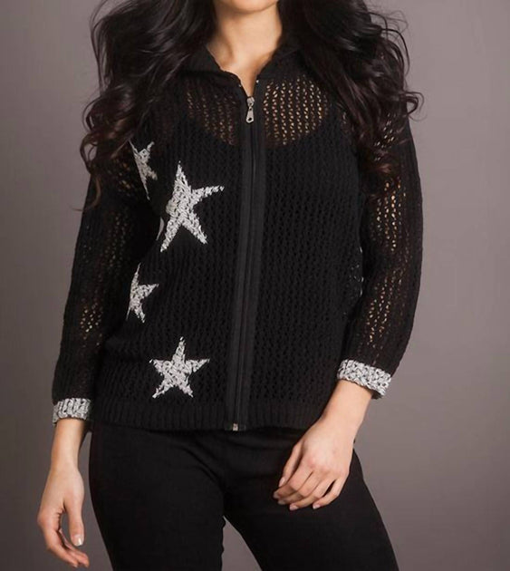 french kyss Crochet Star Crew Zip Up Hoodie In Black Frost | Shop