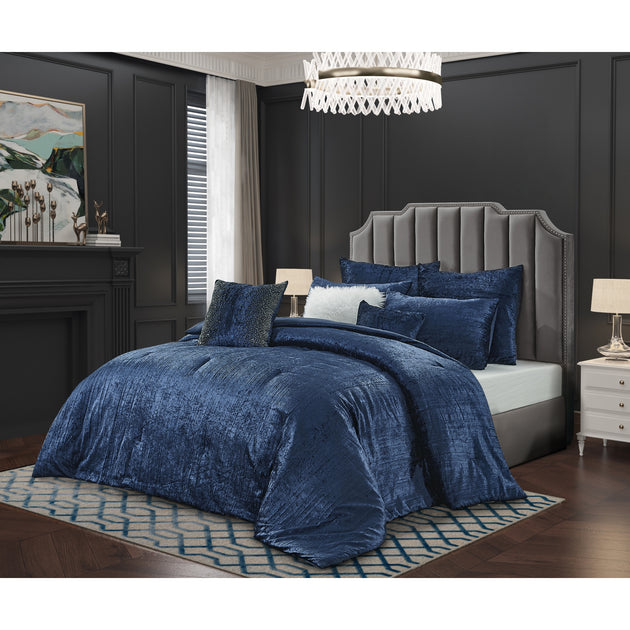 Grace Living Abella Comforter Set -Crinkle Velvet , Soft and Shiny, Size: Full/Queen, Blue