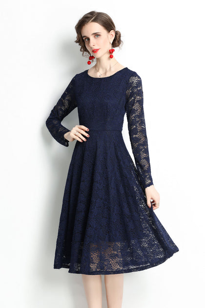 Kaimilan Navy Evening Lace A-line Boatneck Long Sleeve Midi Classic ...