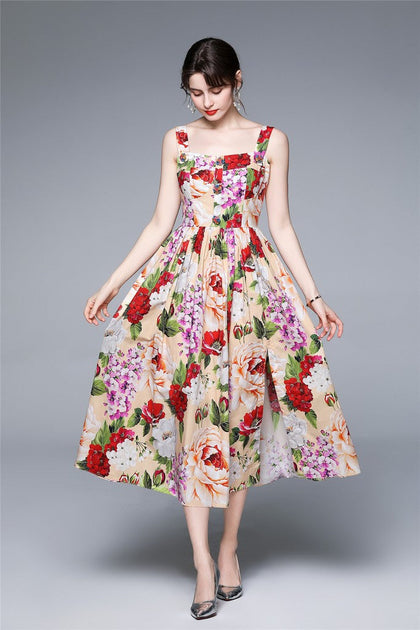 Kaimilan Multicolor Day A-line Off The Shoulder Strap Midi Floral Dress ...