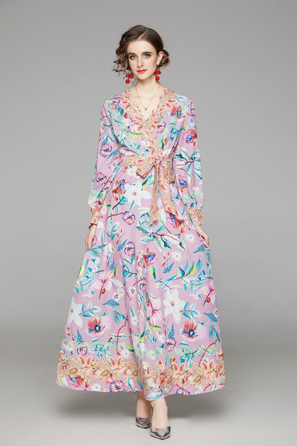 Kaimilan Pink & Flower print Day A-line V-neck Long Sleeve Tea Dress ...