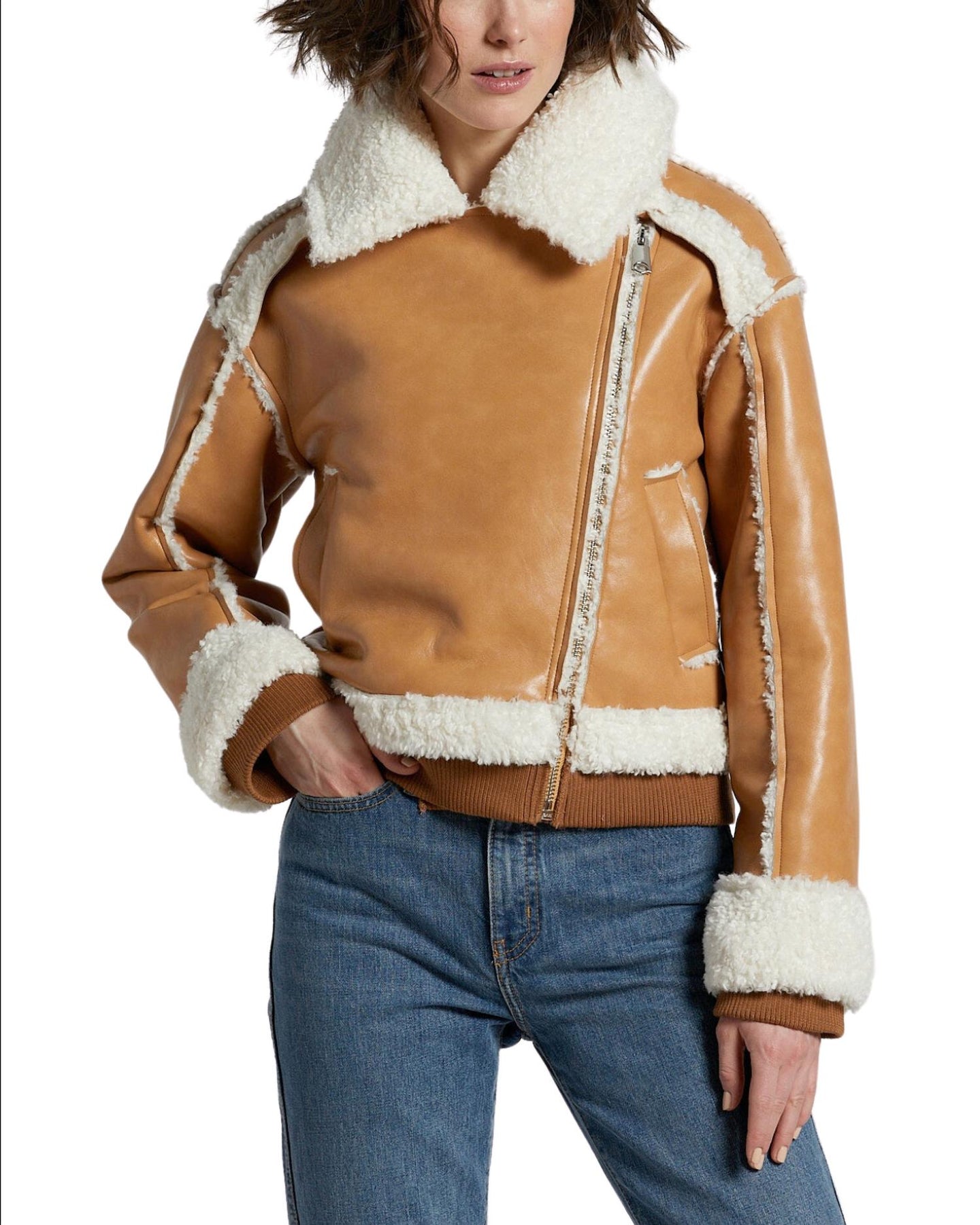 Adroit Atelier Clayton Faux Shearling Vegan Leather Jacket In Camel