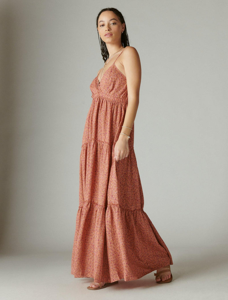 Lucky Brand Women's Lace Trimmed Tiered Maxi Dress