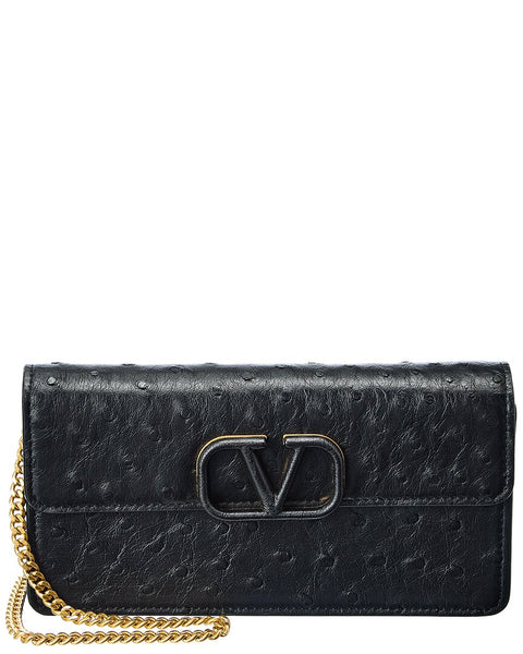 Valentino Vsling Ostrich Leather Wallet On Chain