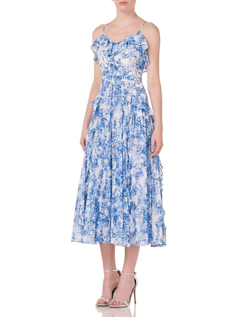 ML Monique Lhuillier Womens Floral Print Ruffled Midi Dress | Shop ...