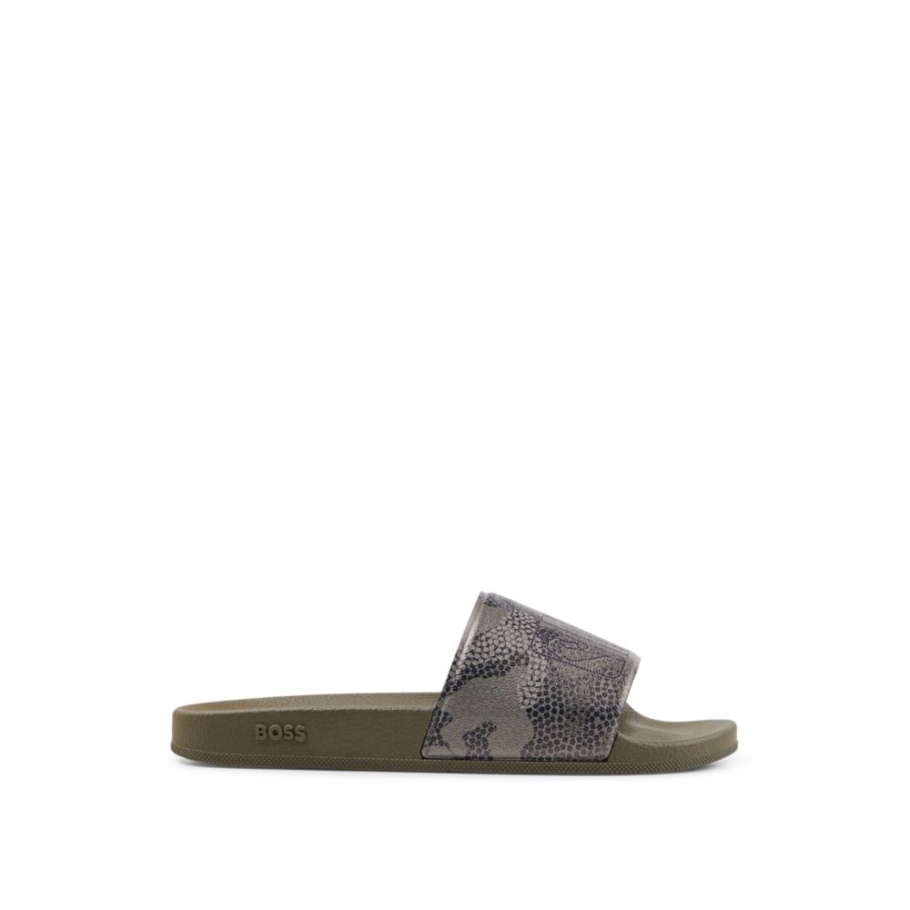 Camouflage-print slides with collaborative branding