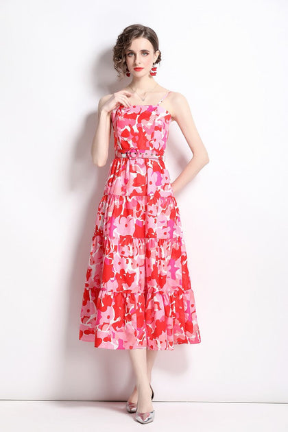 Kaimilan Red & Pink Day A-line Maxi Strap Printed Dress | Shop Premium ...